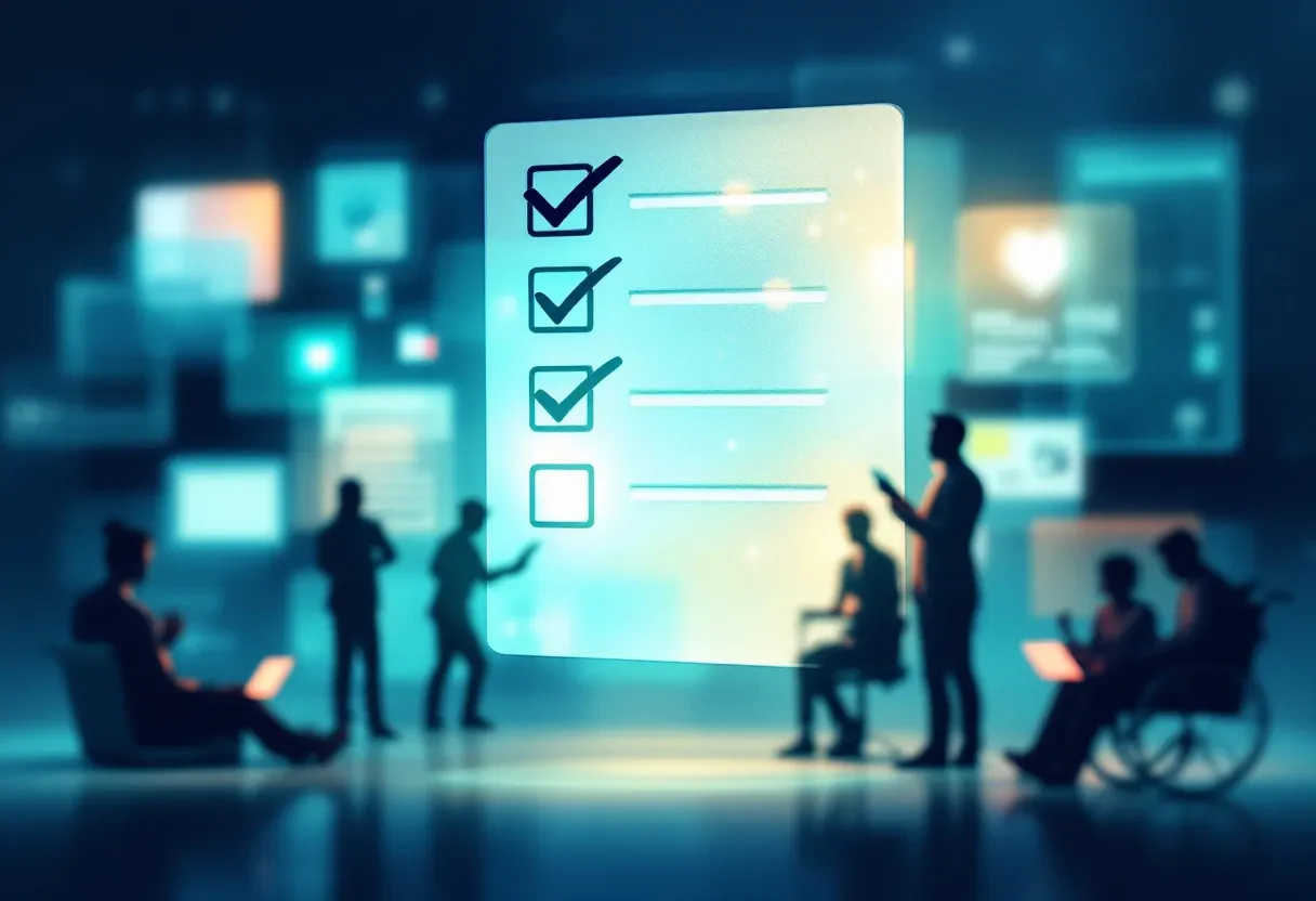A glowing accessibility compliance checklist card floating over blurred website panels, representing ADA Title III obligations.
