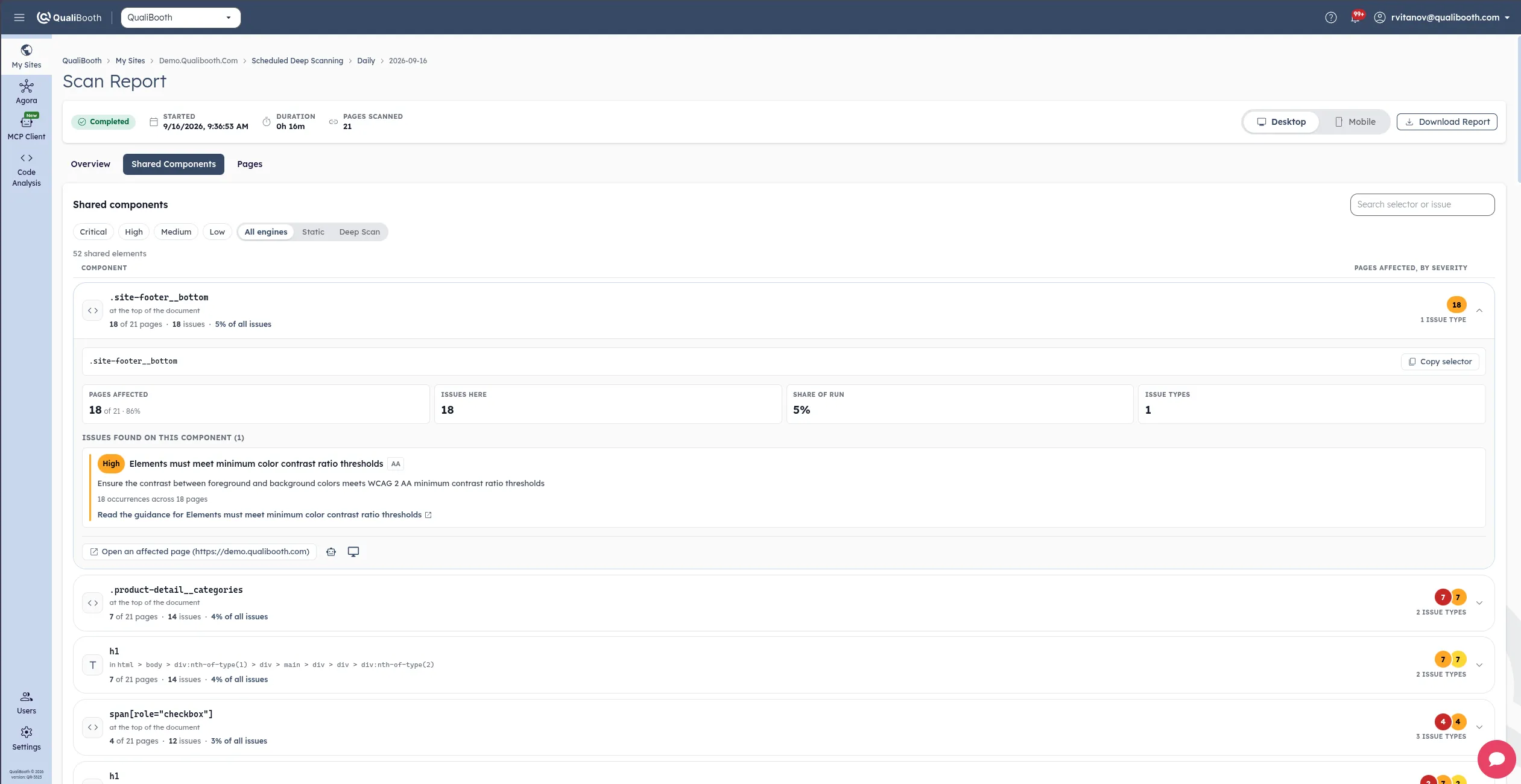 The Shared components tab of a QualiBooth scan report, filtered by severity and engine.
