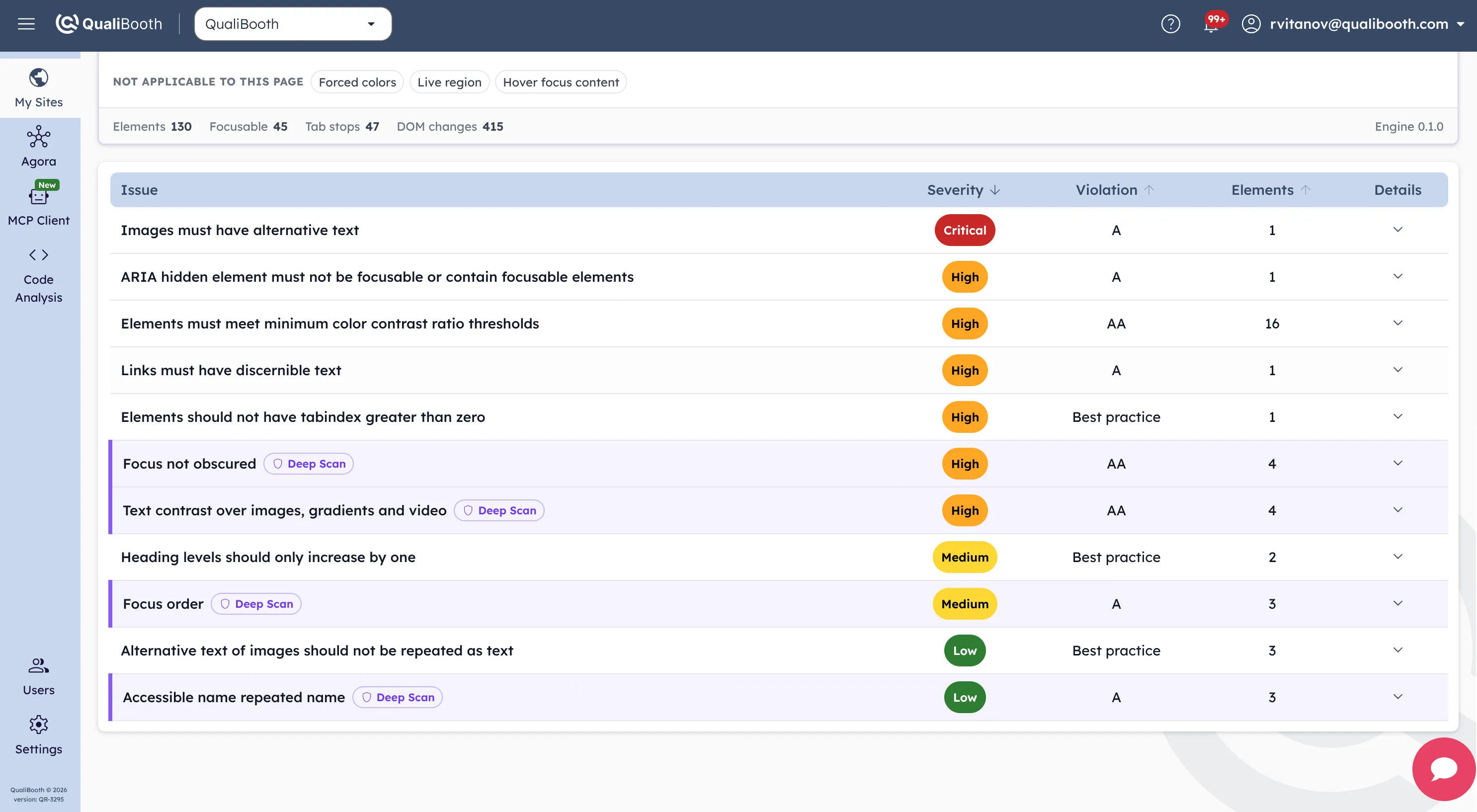 The QualiBooth report with Deep Scan findings badged alongside the static ones.