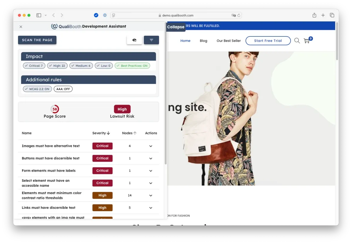 QualiBooth 解决方案助手的屏幕截图，显示对我们演示网站的页面扫描。