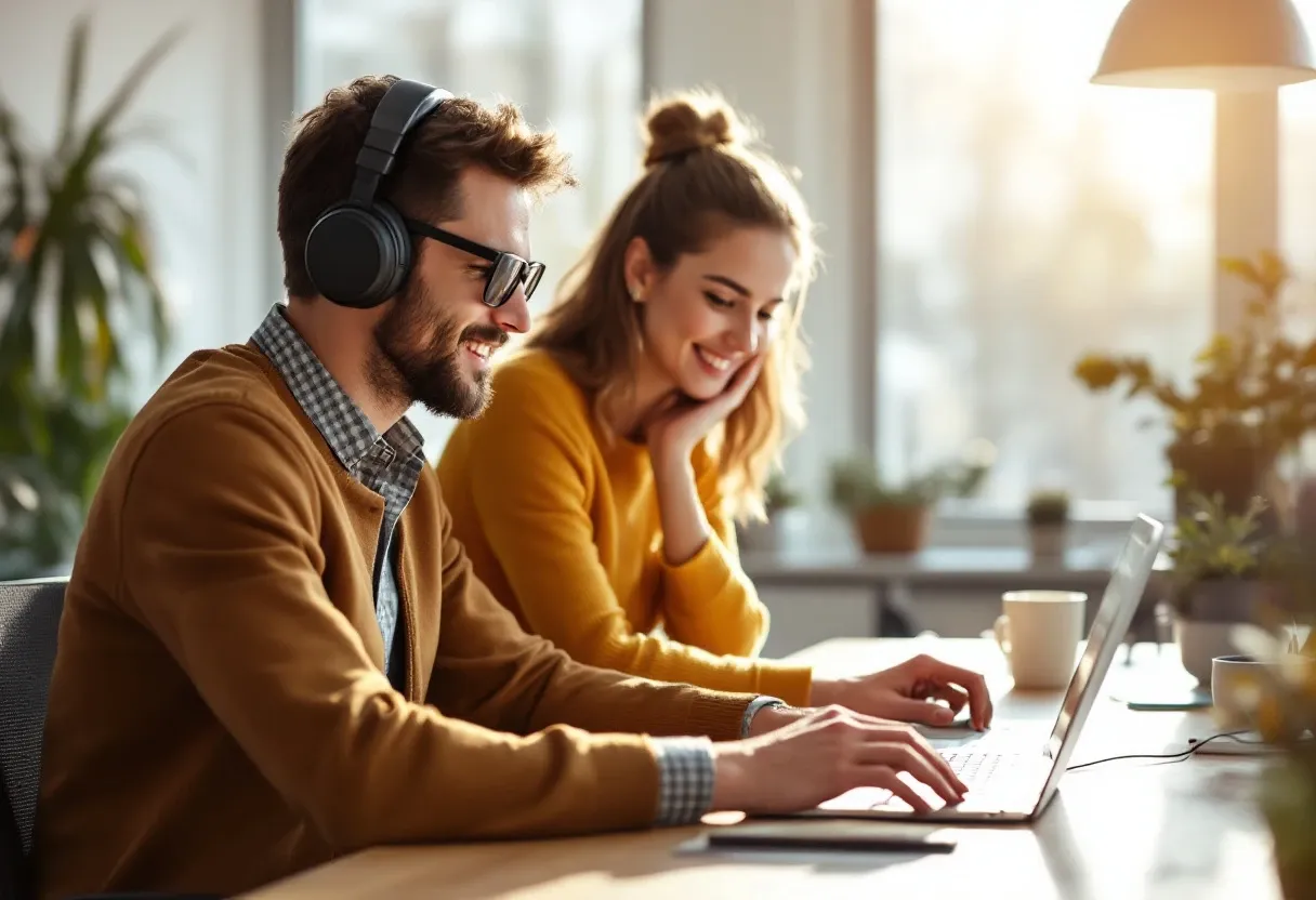 Un professionista non vedente utilizza uno screen reader e un display braille per controllare un sito web insieme a un collega.