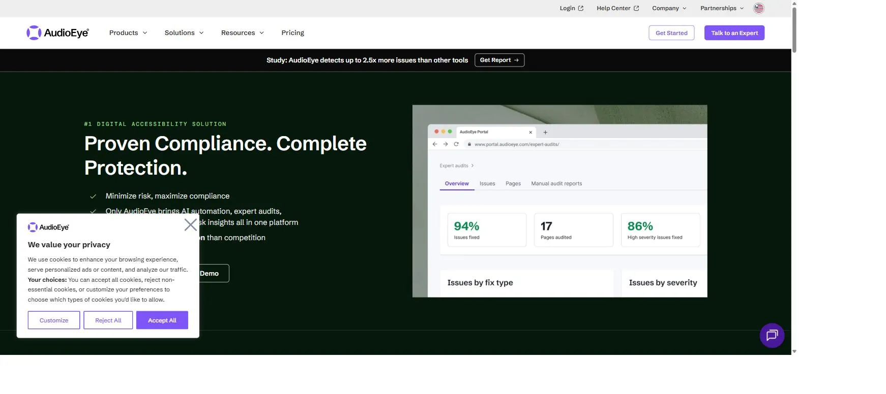 AudioEye portal showing issues fixed, pages audited, and high-severity issues resolved.