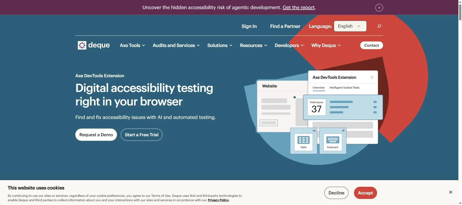 Deque axe DevTools browser extension overlay showing total accessibility issues found on a page, broken down by impact.